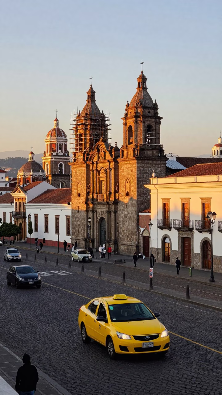 Quito Ecuador Golden Hour Street Scene with Yellow Taxi and Cathedral Scaffolding in in Quito, Ecuador