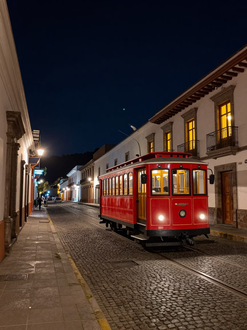 Quito Ecuador Heritage Tram on Cobblestone Avenue Under Deep Night Sky in in Quito, Ecuador