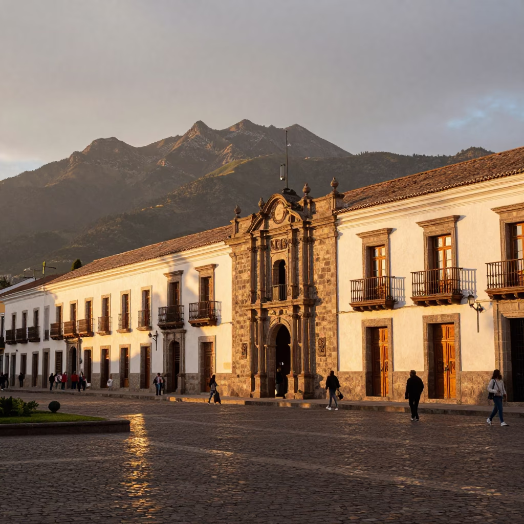 Quito Ecuador Honeyed Evening Light Historic Plaza Andean Stone Architecture in in Quito, Ecuador