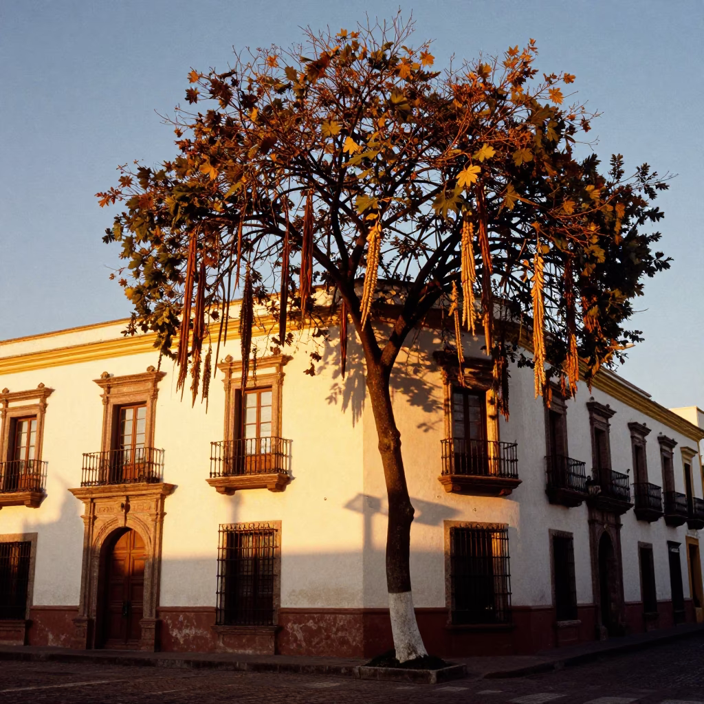 Quito Ecuador Honeyed Evening Light Tamarind Tree and Colonial Architecture Street Scene in in Quito, Ecuador