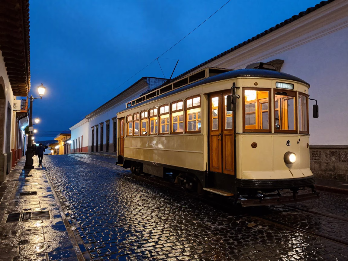 Quito Ecuador indigo twilight heritage tram on cobblestone avenue with wet street reflections in in Quito, Ecuador