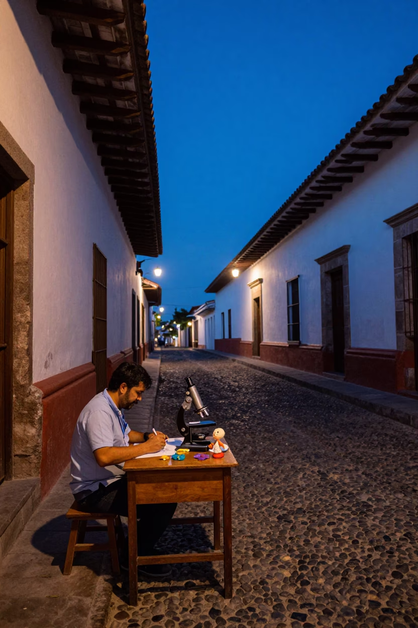 Quito Ecuador indigo twilight street scene with antique microscope and chalkboard lesson in in Quito, Ecuador