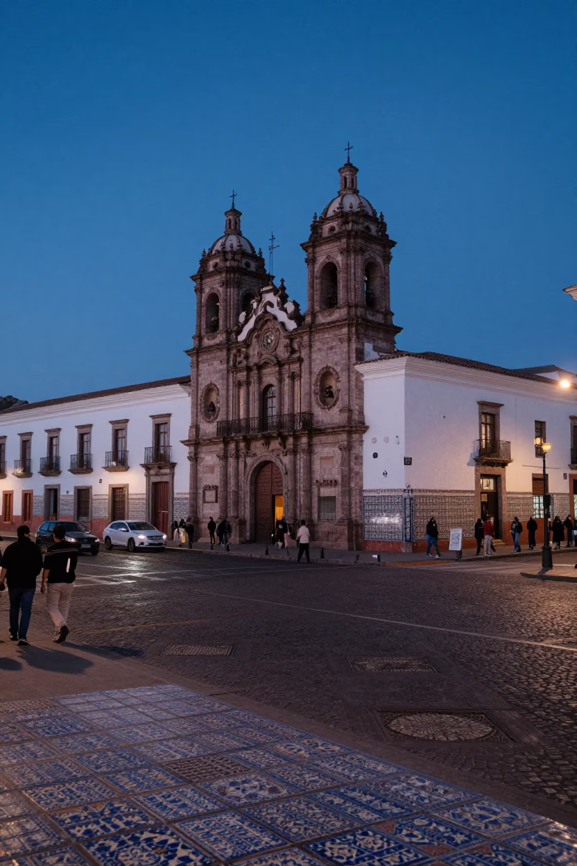 Quito Ecuador indigo twilight street scene with ceramic tiles and brushed steel reflection in in Quito, Ecuador