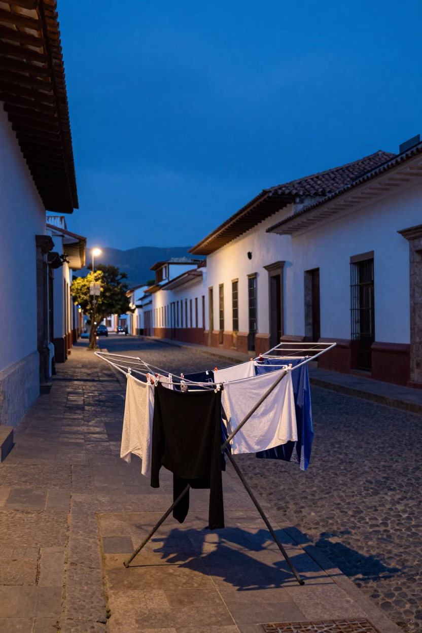 Quito Ecuador indigo twilight street scene with laundry drying rack and colonial architecture in in Quito, Ecuador
