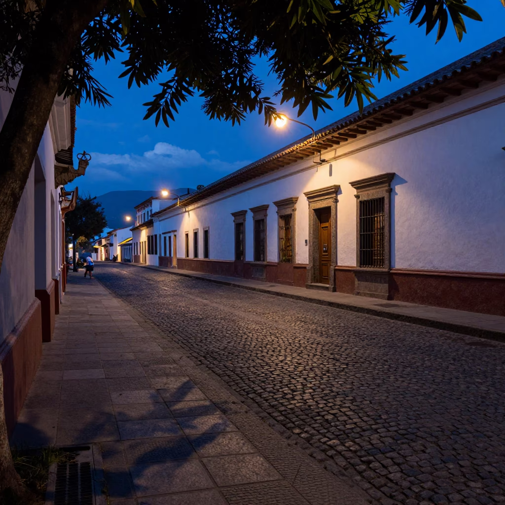 Quito Ecuador indigo twilight street scene with leaf shadows and coat stand in in Quito, Ecuador