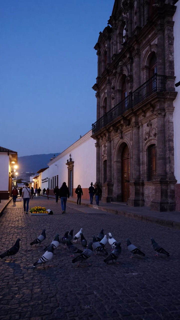 Quito Ecuador indigo twilight street scene with pigeons and fruit vendor in in Quito, Ecuador