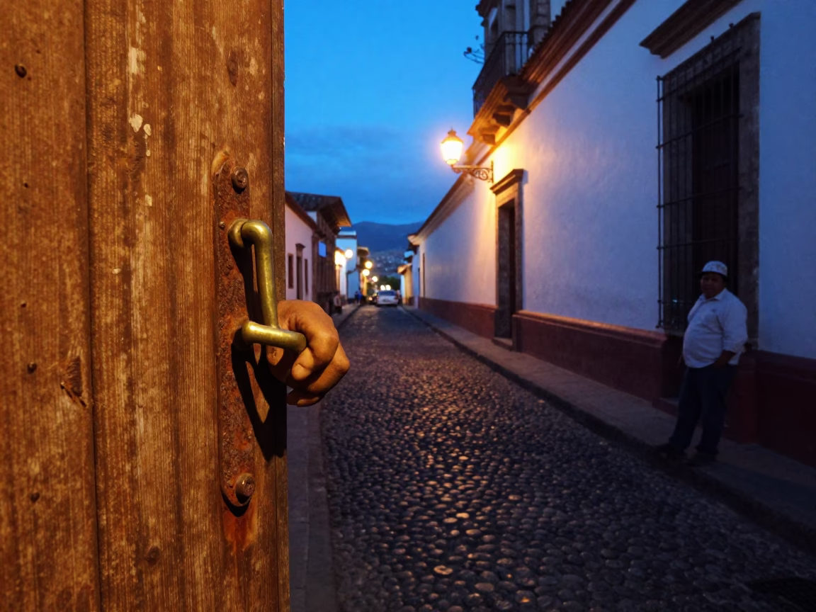 Quito Ecuador indigo twilight street scene with rusted door handle and brushed steel basin in in Quito, Ecuador