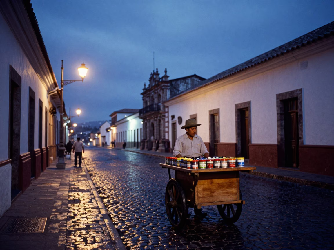 Quito Ecuador indigo twilight street scene with spice tins and blue white porcelain bowl in in Quito, Ecuador