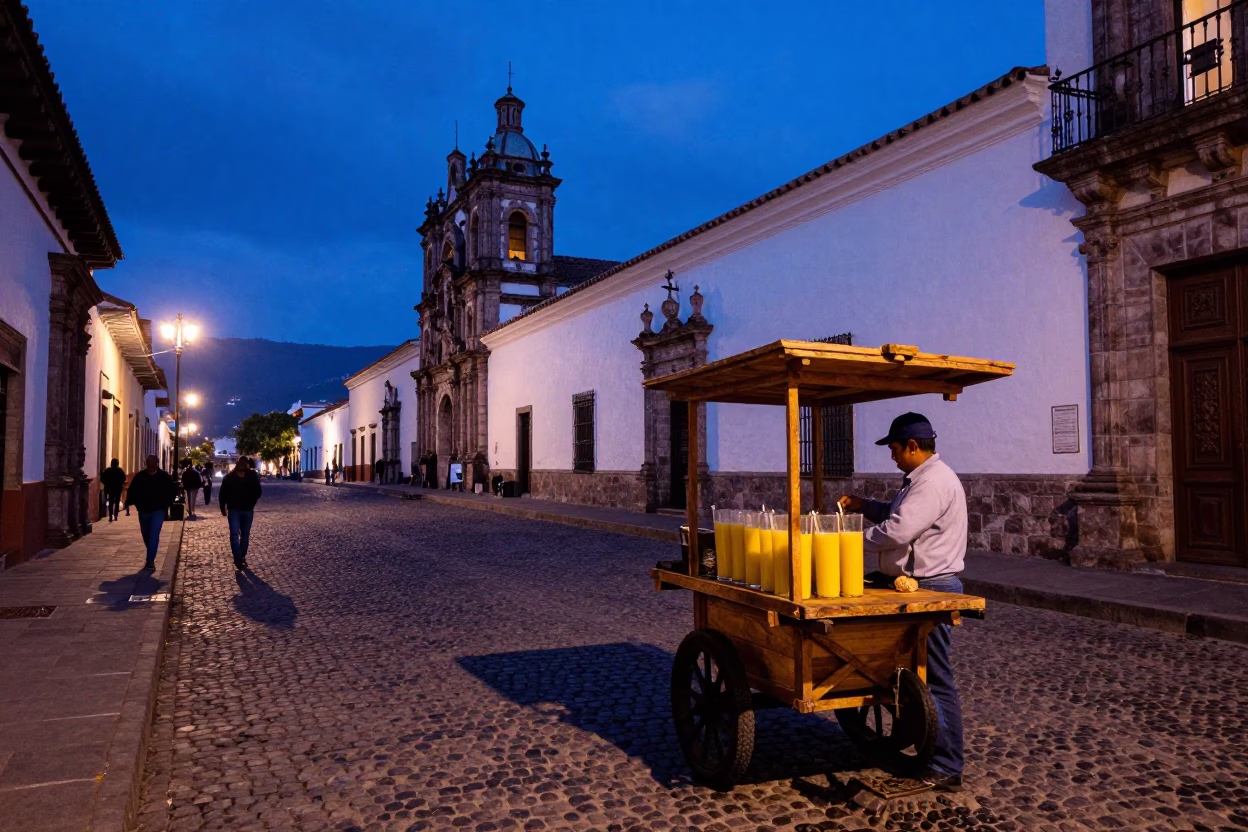 Quito Ecuador indigo twilight street scene with sugarcane juice and local vendors in in Quito, Ecuador