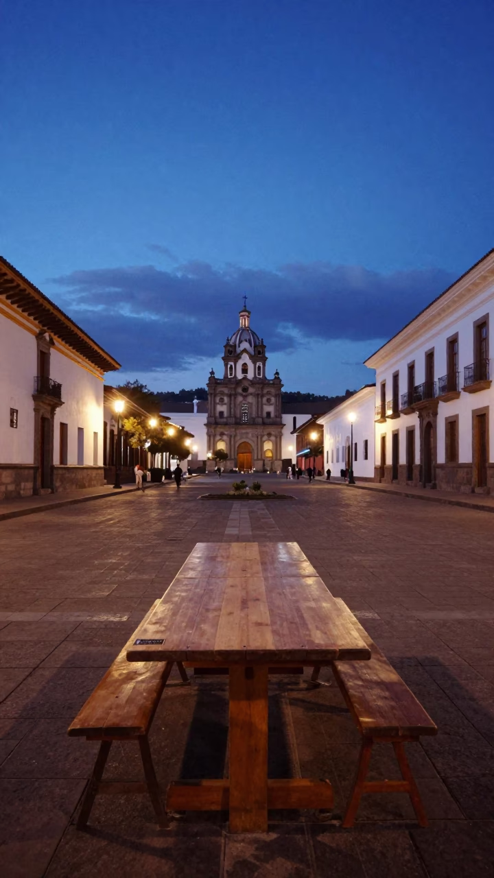 Quito Ecuador indigo twilight street scene with university seminar table and notebooks in in Quito, Ecuador