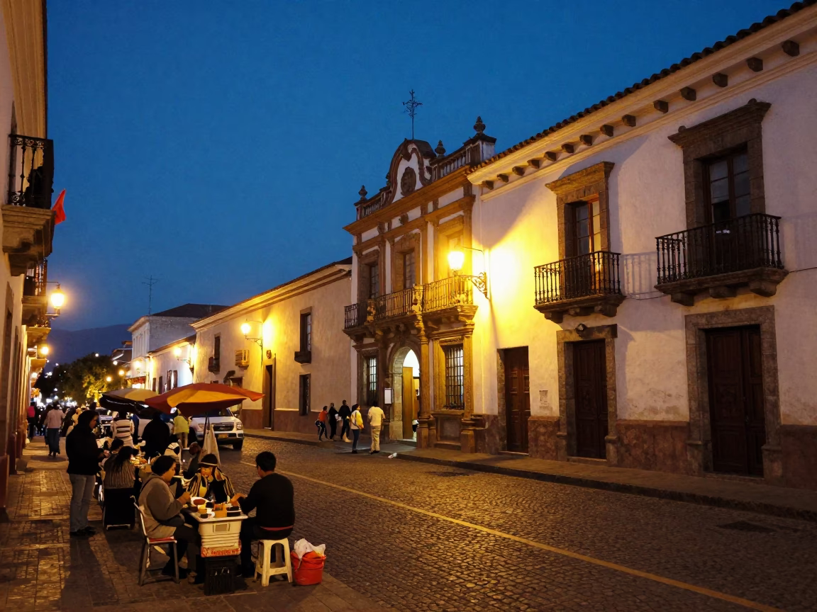 Quito Ecuador indigo twilight street scene with vendors and colonial architecture in in Quito, Ecuador