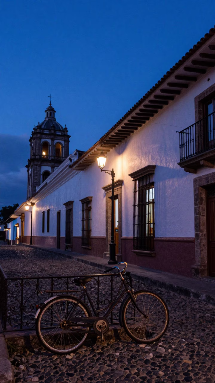Quito Ecuador indigo twilight street scene with vintage bicycle and colonial architecture in in Quito, Ecuador