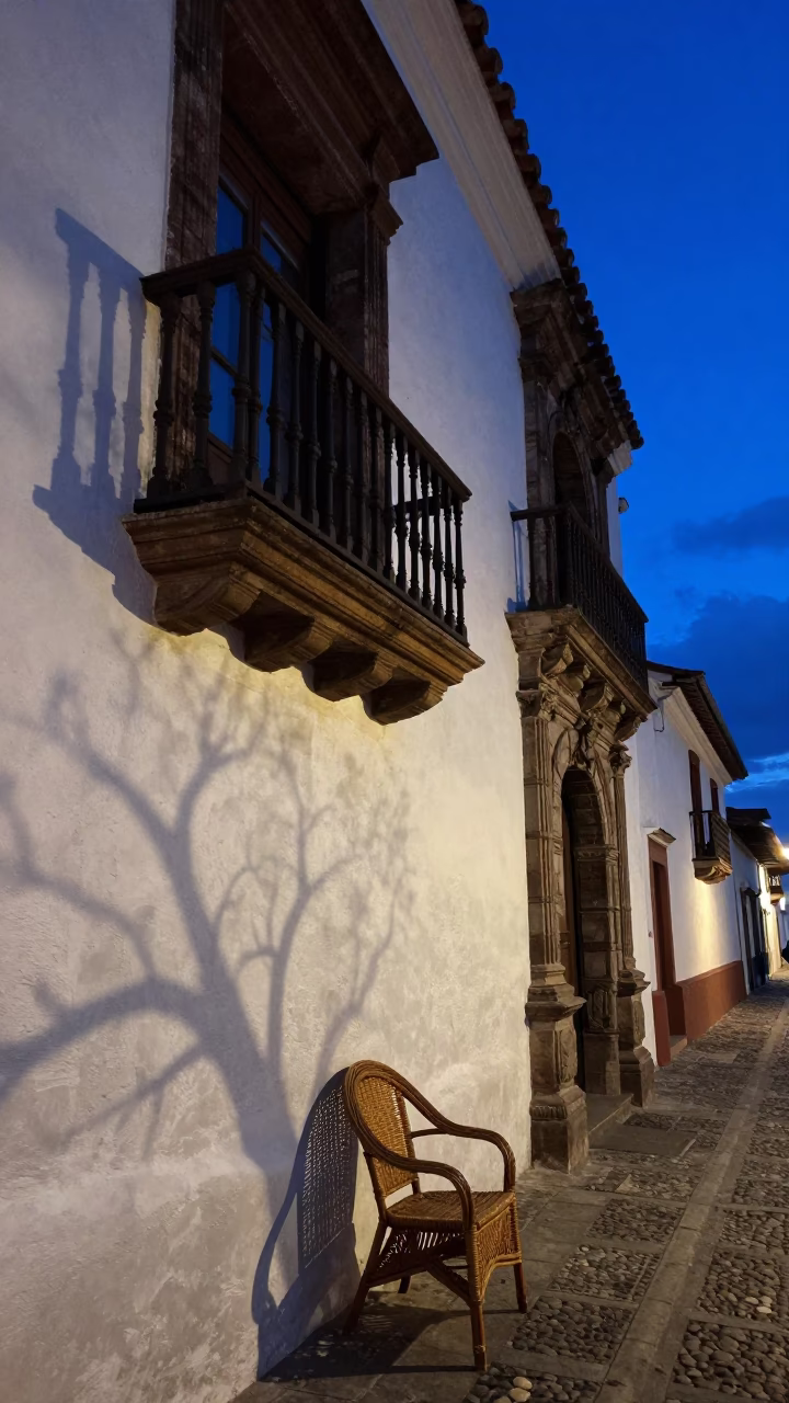Quito Ecuador Indigo Twilight Street Scene with Wicker Shadow and Porcelain Jar in in Quito, Ecuador