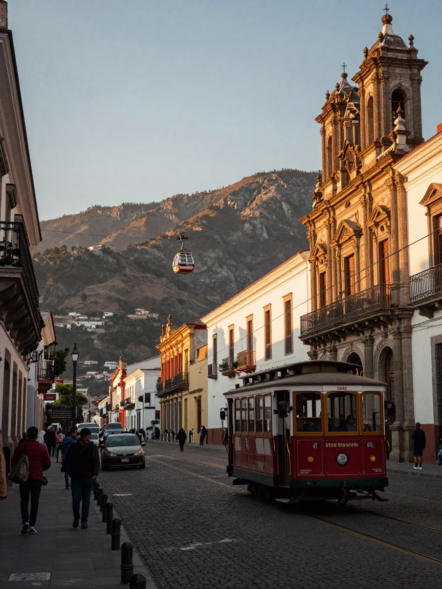 Quito Ecuador Late Afternoon Street Scene with Cable Car and Local Life in in Quito, Ecuador