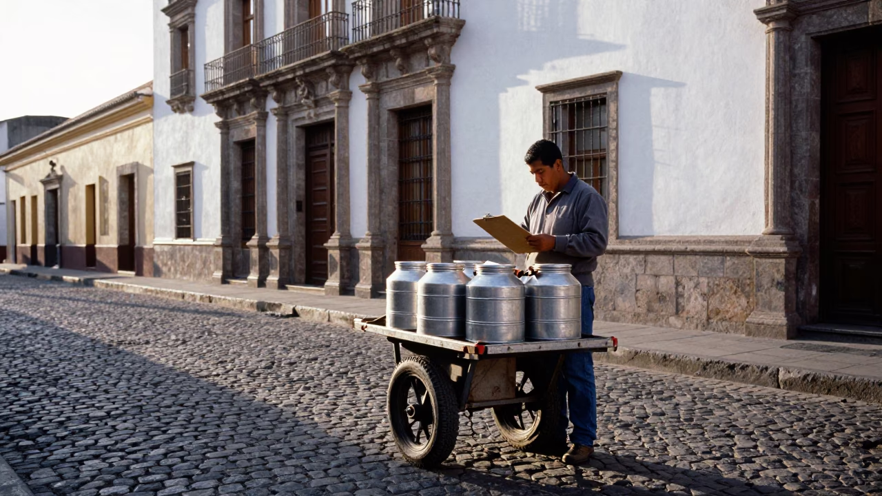 Quito Ecuador Late Afternoon Street Scene with Clipboard and Canisters in in Quito, Ecuador