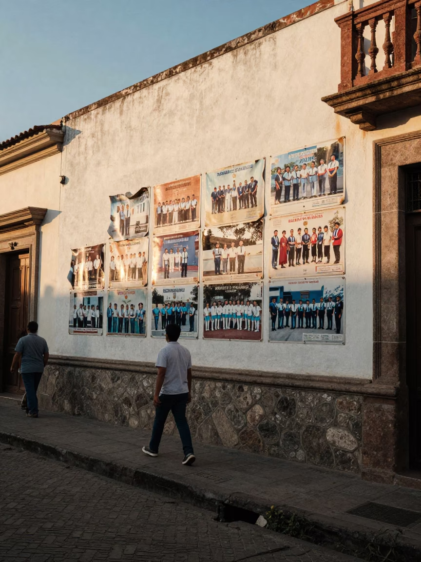 Quito Ecuador late afternoon street scene with faded school photos and local interaction in in Quito, Ecuador
