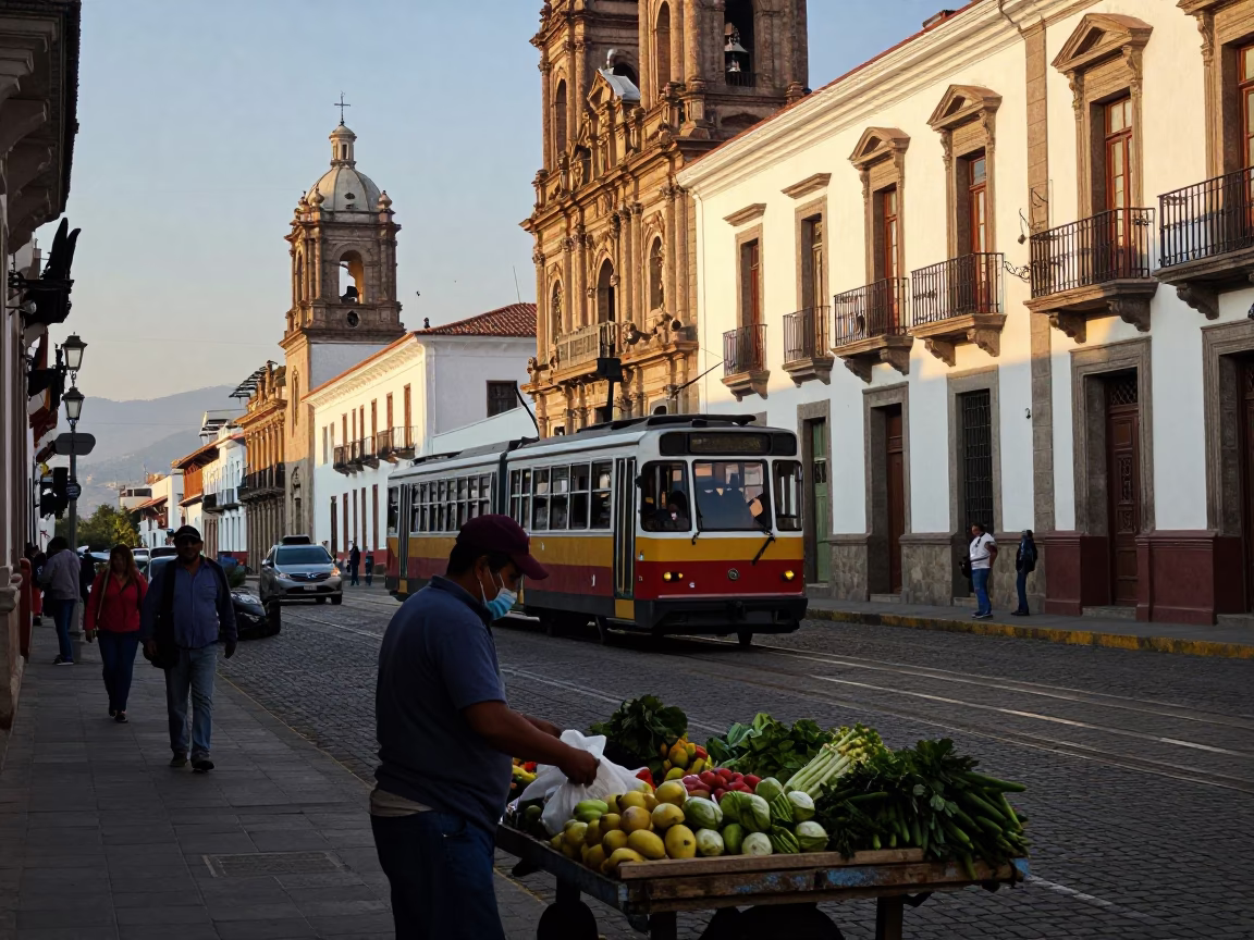 Quito Ecuador Late Afternoon Street Scene with Funicular and Local Market Activity in in Quito, Ecuador
