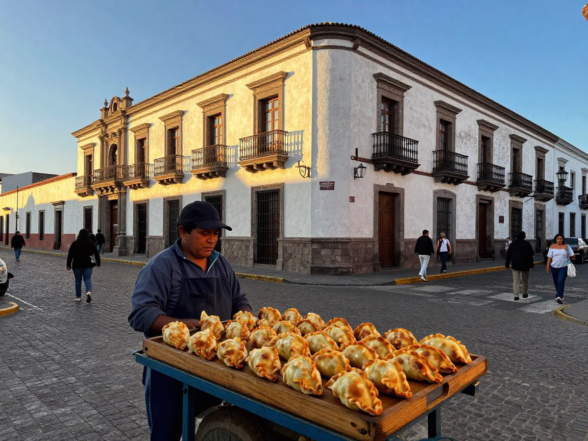 Quito Ecuador Late Afternoon Street Scene with Golden Empanadas and Colonial Architecture in in Quito, Ecuador