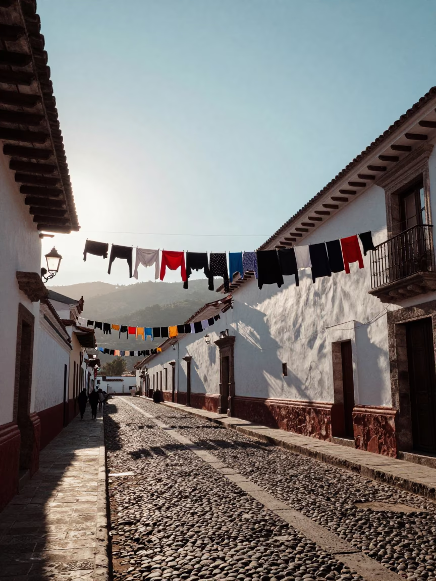Quito Ecuador Late Afternoon Street Scene with Hanging Laundry and Colonial Architecture in in Quito, Ecuador