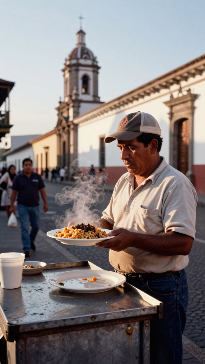 Quito Ecuador Late Afternoon Street Scene with Plate of Gallo Pinto and Scrambled Eggs in in Quito, Ecuador