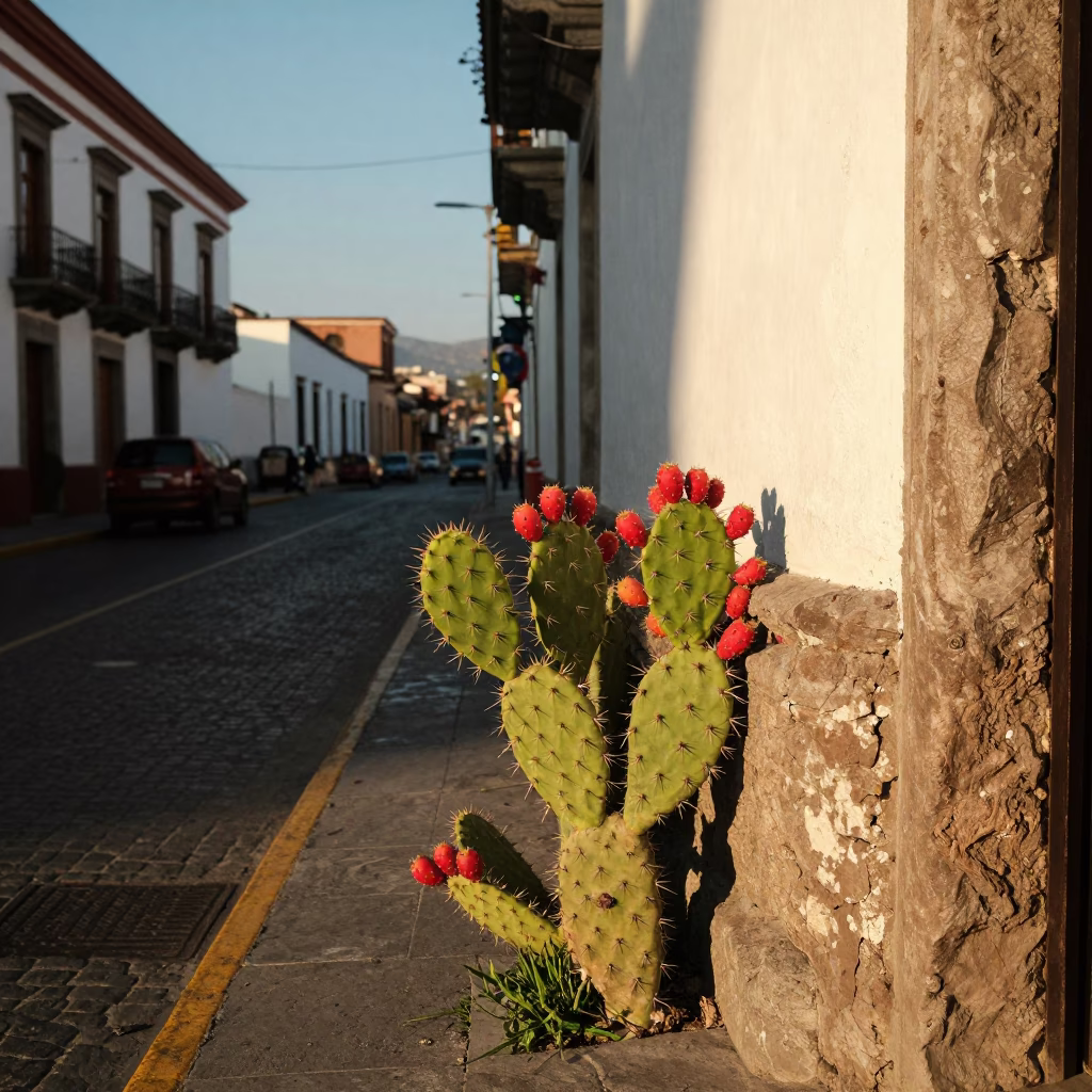 Quito Ecuador Late Afternoon Street Scene with Prickly Pear Cactus and Colonial Architecture in in Quito, Ecuador