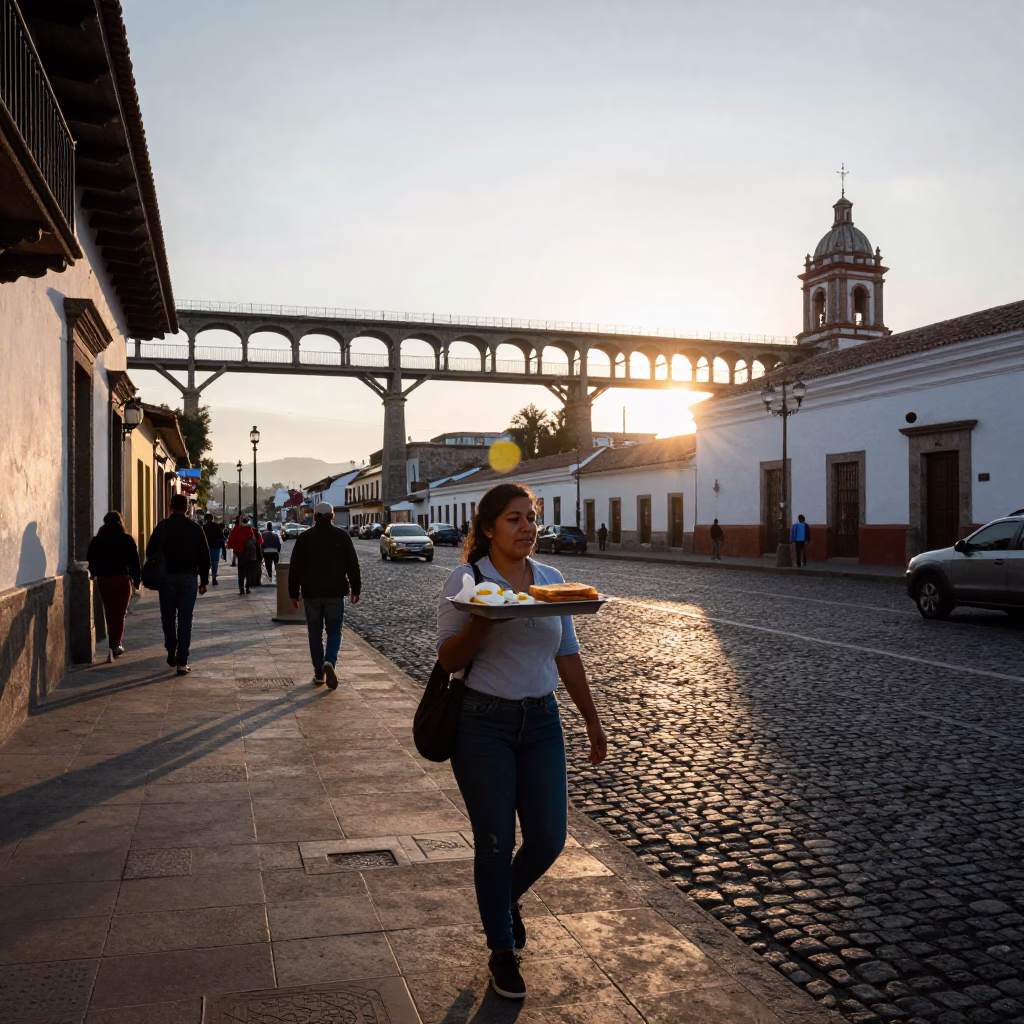 Quito Ecuador Late Afternoon Street Scene with Railway Viaduct and Urban Life in in Quito, Ecuador