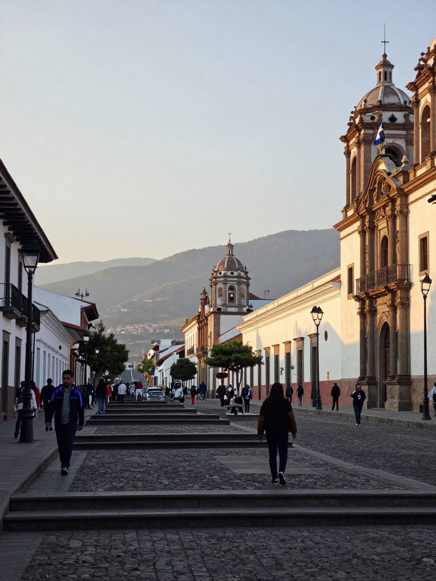 Quito Ecuador Late Afternoon Street Scene With School Staircase And Local Life in in Quito, Ecuador