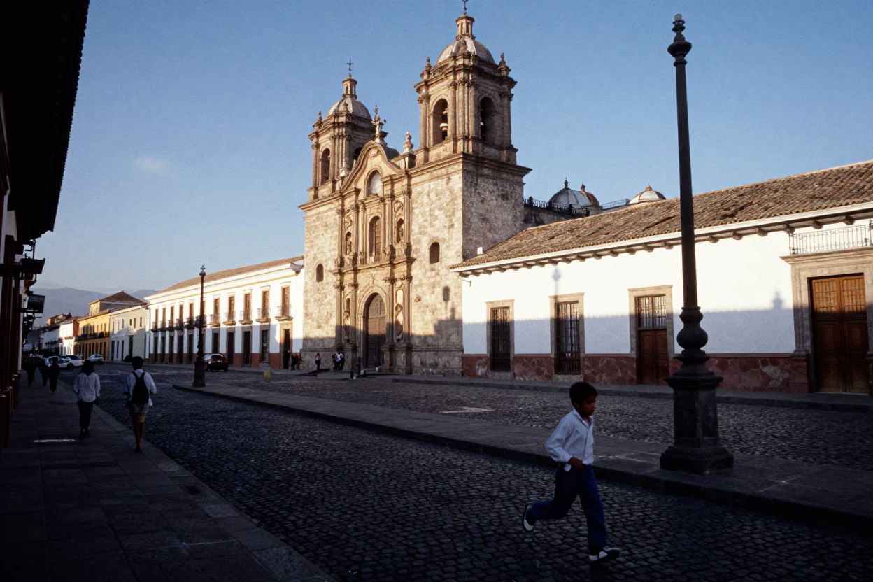 Quito Ecuador Late Afternoon Street Scene With Traditional Architecture And Local Life in in Quito, Ecuador