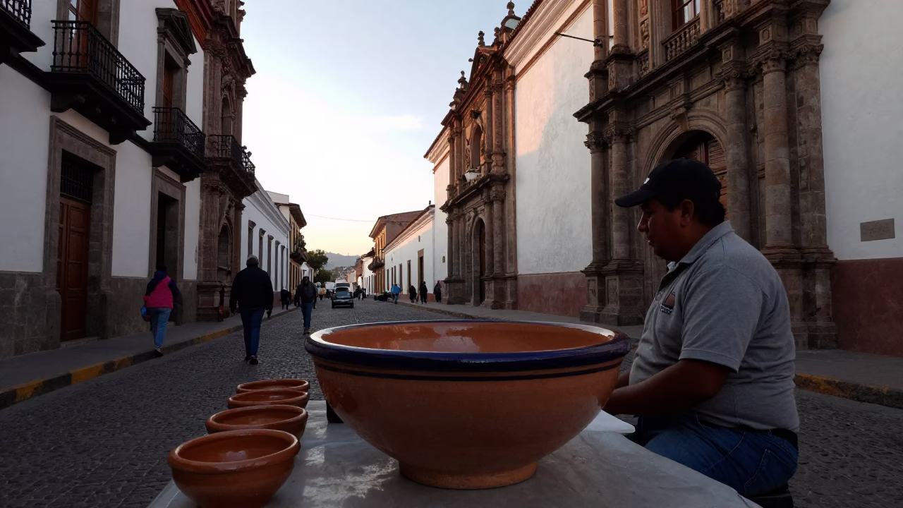Quito Ecuador Late Afternoon Street Scene with Traditional Ceramic Bowl and Local Market Activity in in Quito, Ecuador