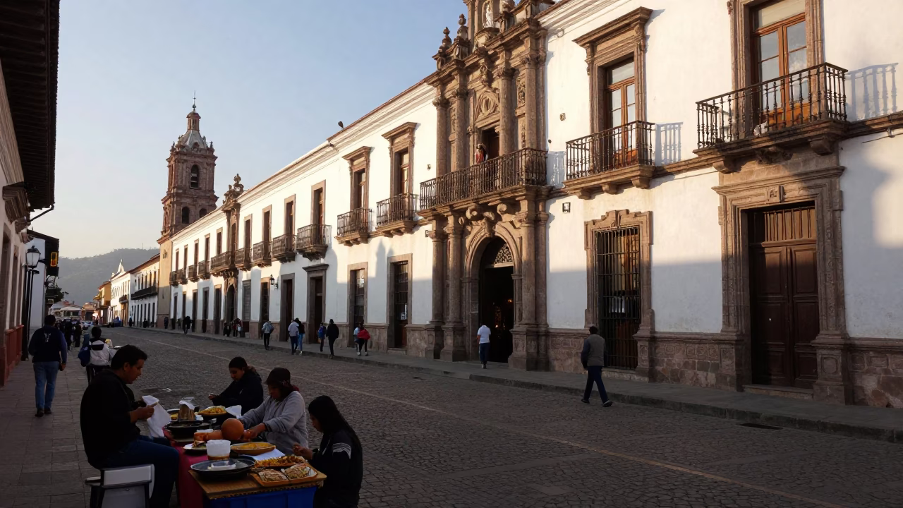 Quito Ecuador Late Afternoon Street Scene with Traditional Food and Historic Architecture in in Quito, Ecuador