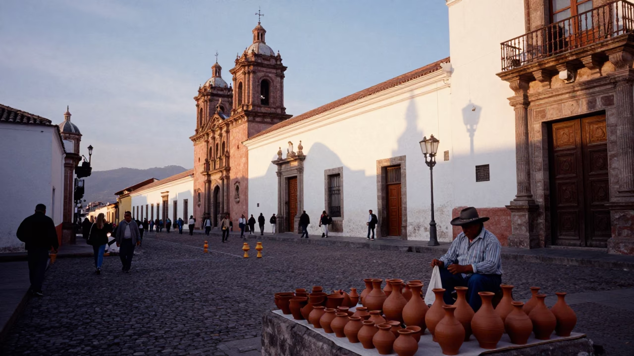 Quito Ecuador Late Afternoon Street Scene with Traditional Pottery and Market Activity in in Quito, Ecuador