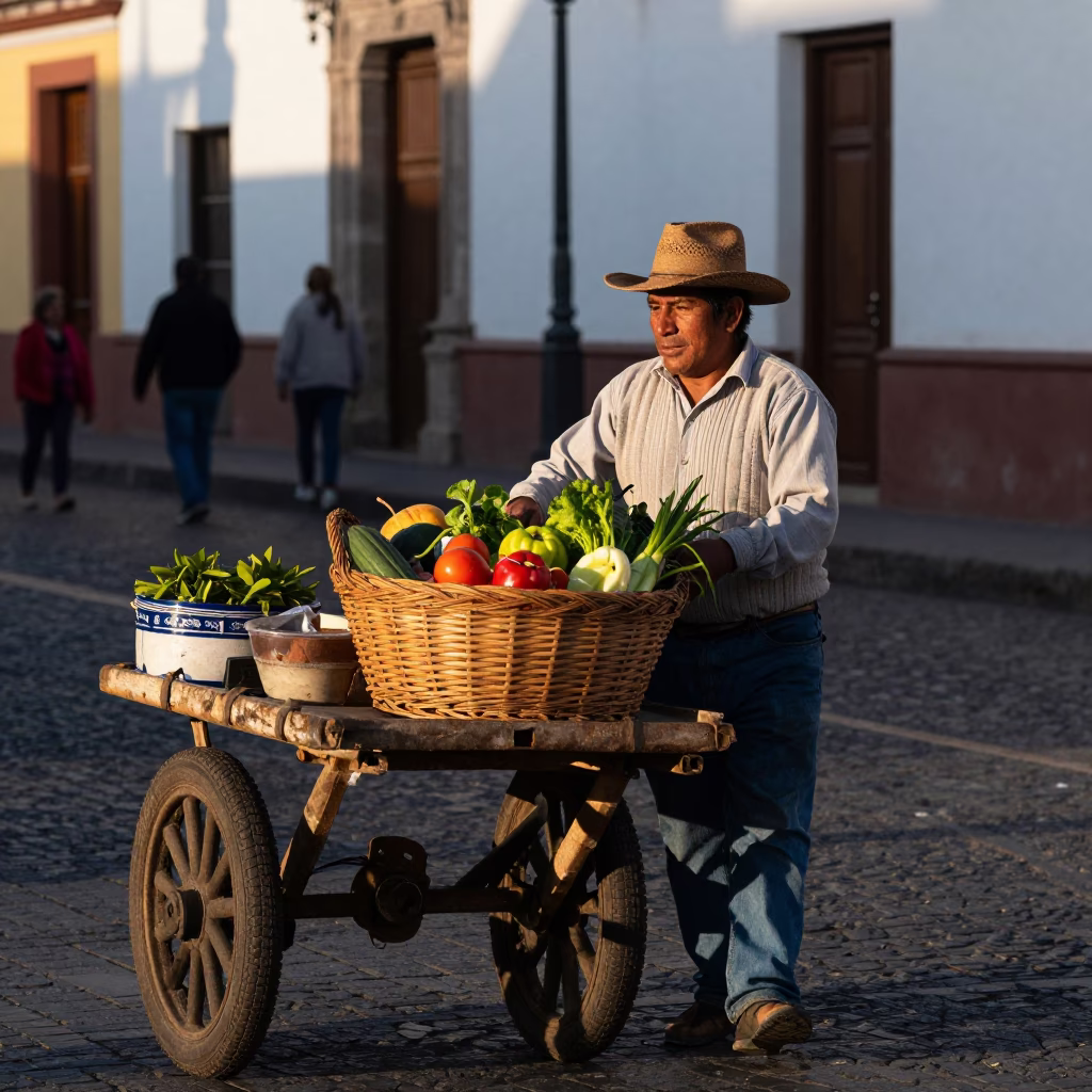 Quito Ecuador Late Afternoon Street Scene with Wicker Basket and Ceramic Bowl in in Quito, Ecuador