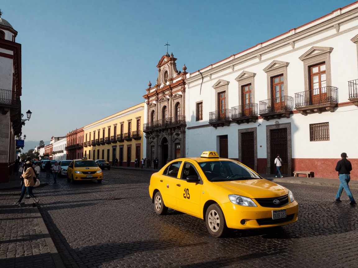 Quito Ecuador Late Afternoon Street Scene With Yellow Taxi And Local Life in in Quito, Ecuador