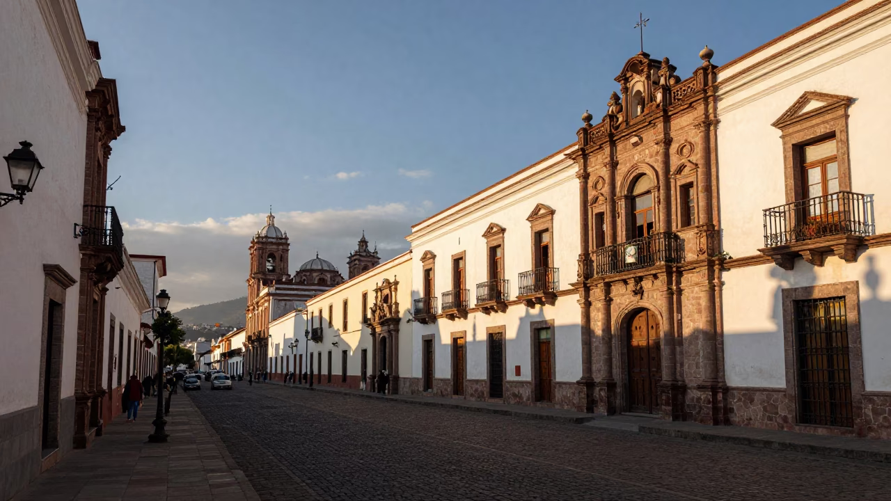 Quito Ecuador Late Afternoon Urban Landscape with Colonial Architecture and Mountain Horizon in in Quito, Ecuador