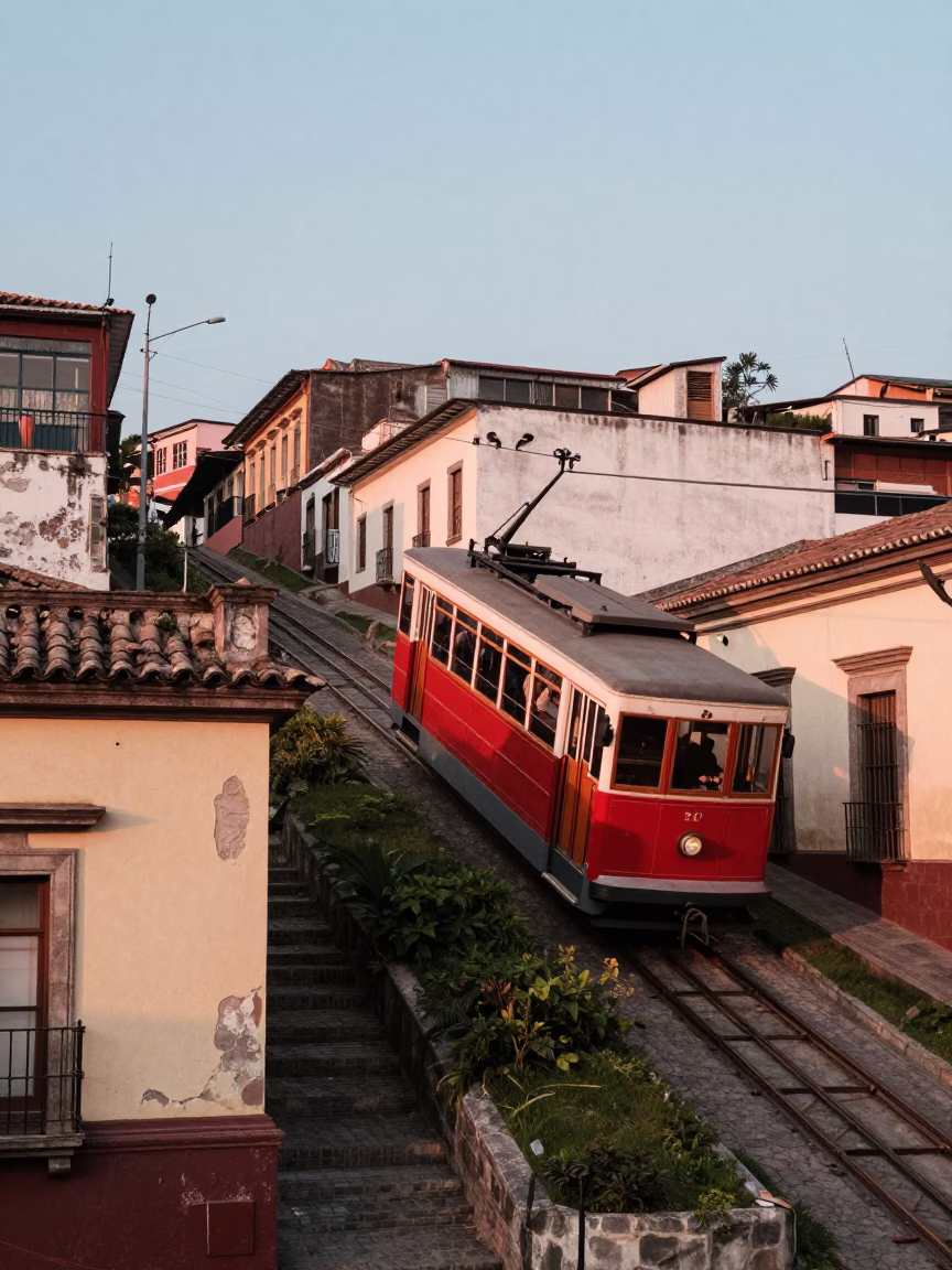Quito Ecuador Late Morning Funicular Ascent Amidst Urban Hillside Life in in Quito, Ecuador