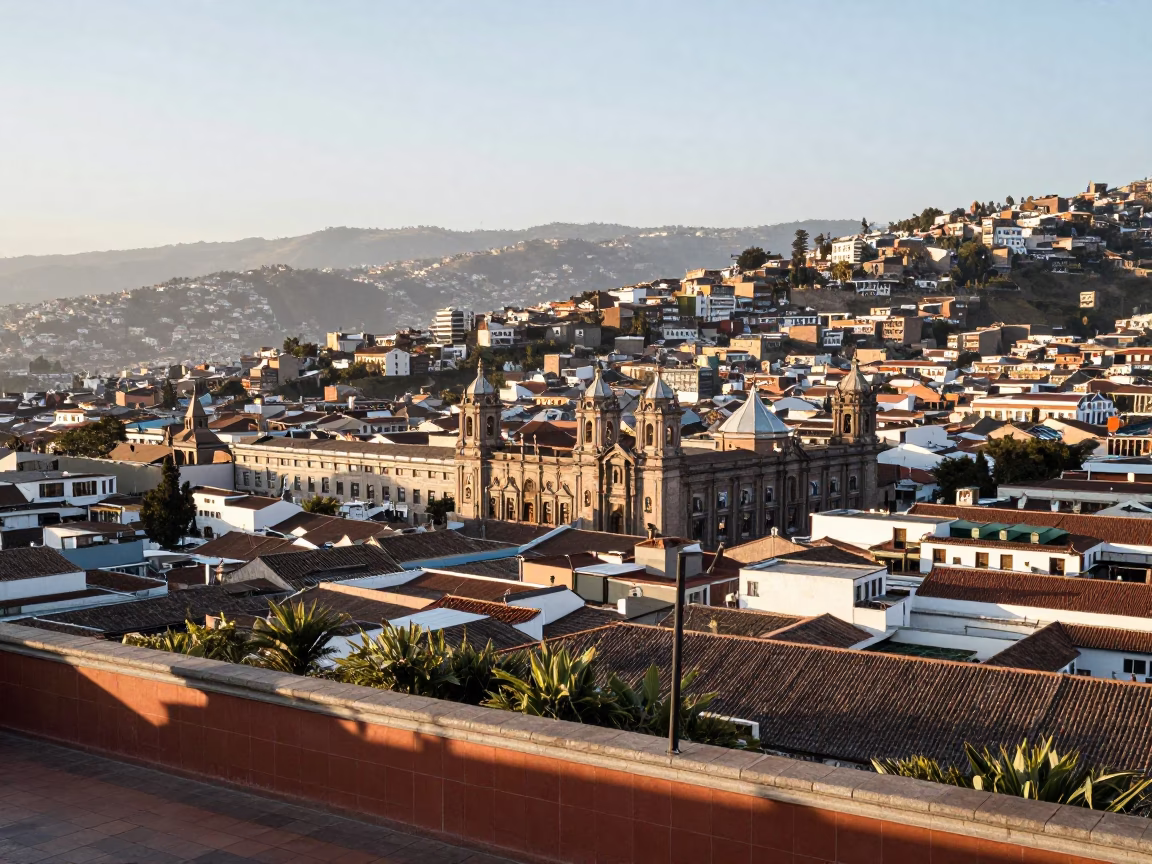 Quito Ecuador Late Morning Landscape View of Colonial Architecture and Andean Horizon in in Quito, Ecuador