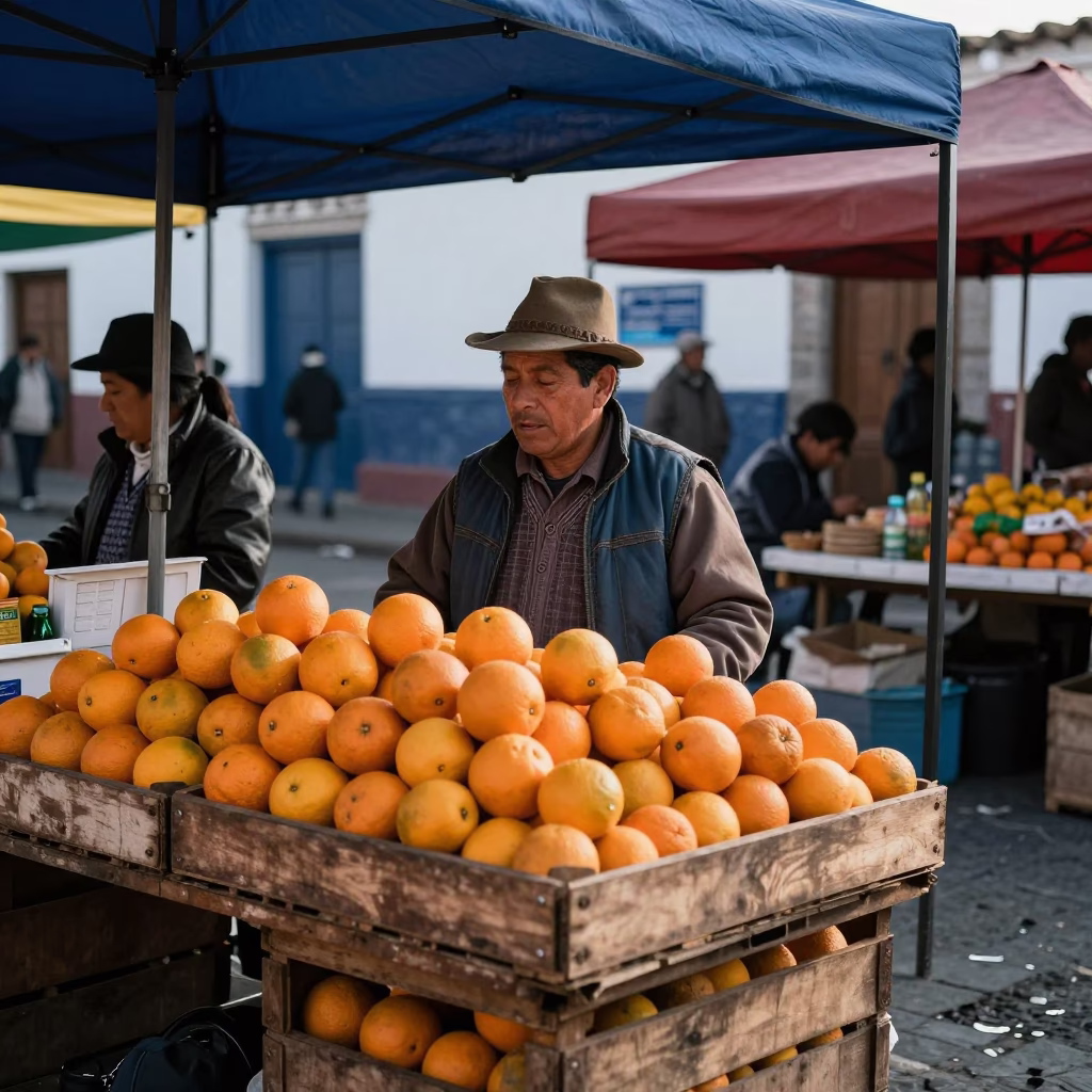 Quito Ecuador Late Morning Market Scene with Oranges and Vintage 1990s Aesthetic in in Quito, Ecuador