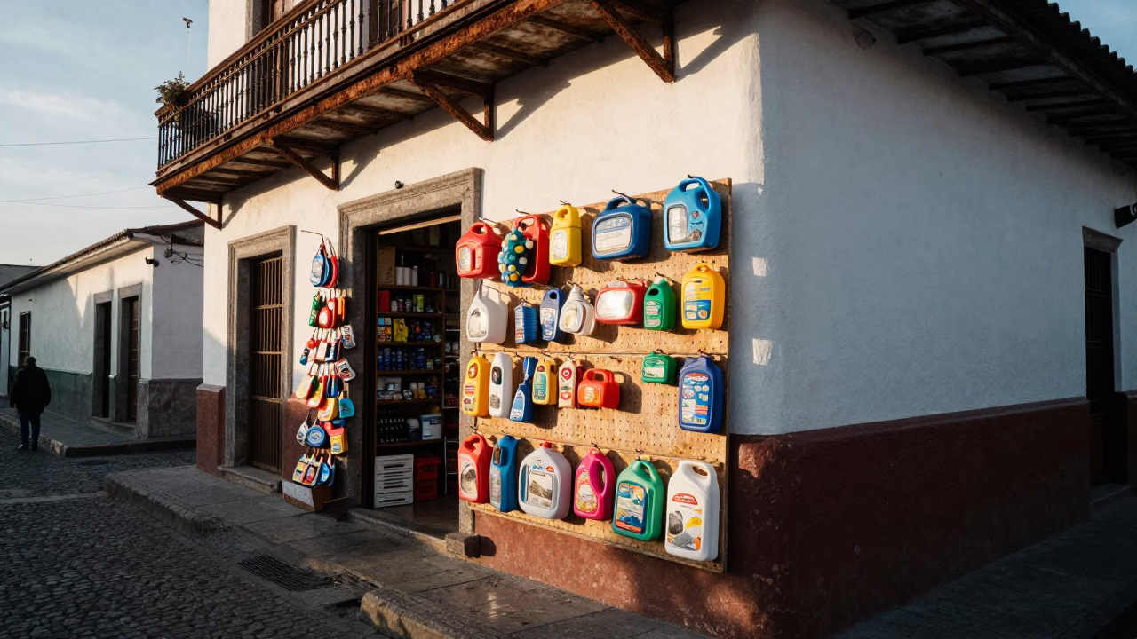 Quito Ecuador Late Morning Street Scene with Rusty Shelf Bracket and Pegboard in in Quito, Ecuador
