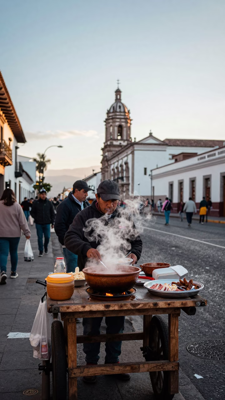 Quito Ecuador Late Morning Street Scene with Traditional Food and Local Architecture in in Quito, Ecuador
