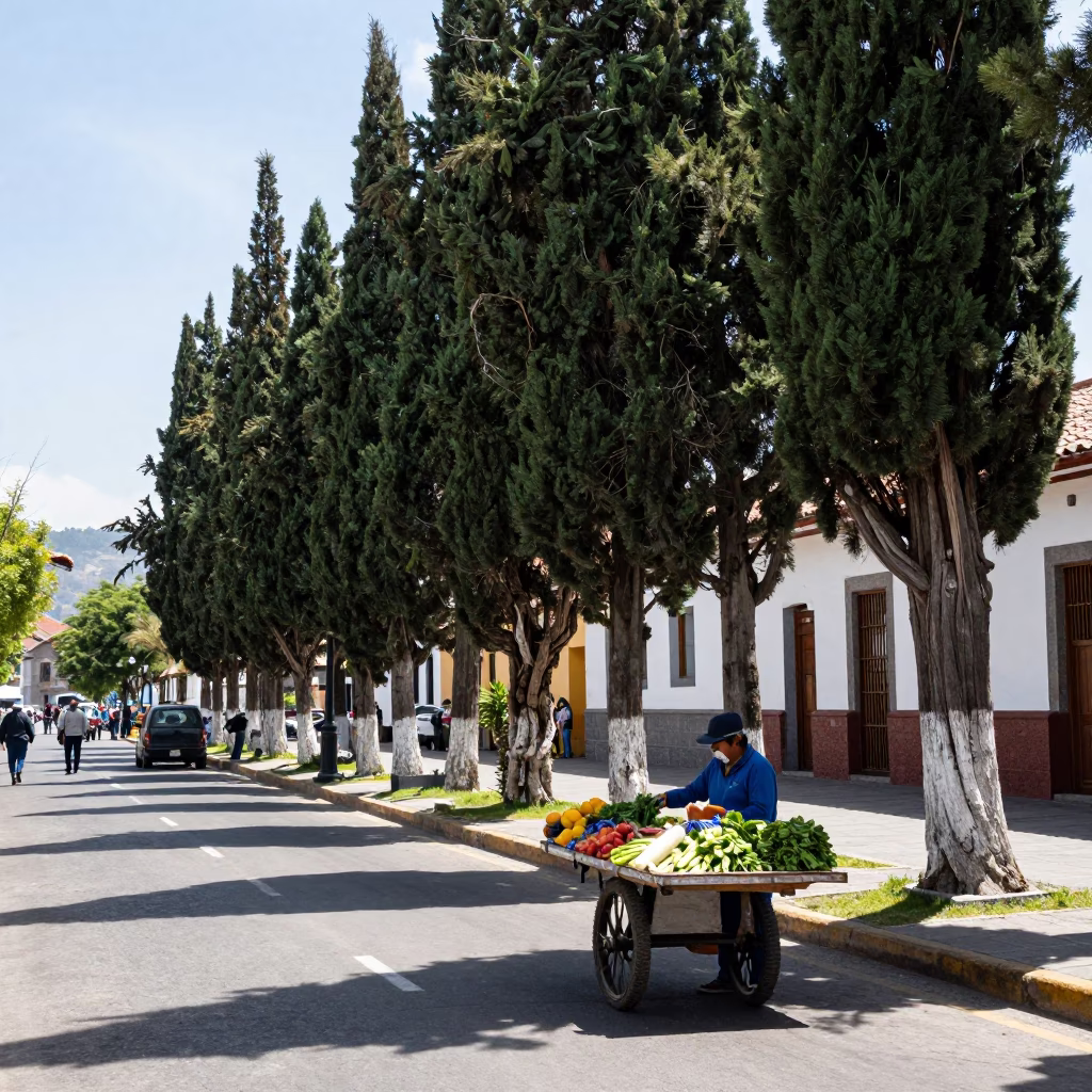Quito Ecuador Midday Street Scene with Cypress Trees and Local Market Activity in in Quito, Ecuador