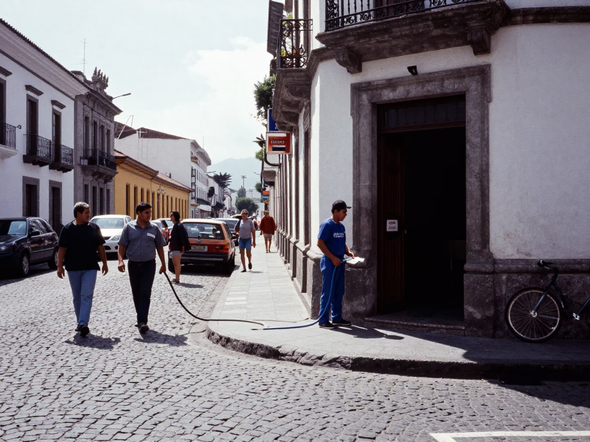 Quito Ecuador Midday Street Scene with Hose Nozzle and Urban Details in in Quito, Ecuador