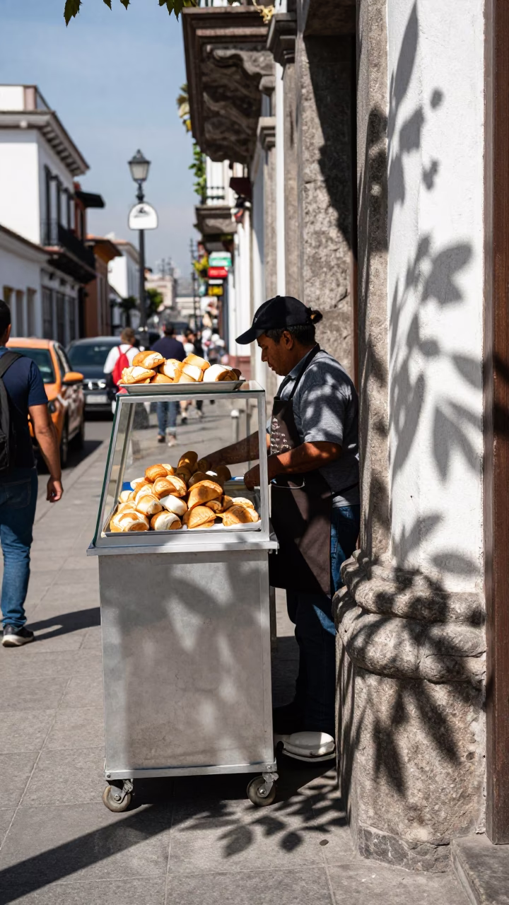 Quito Ecuador Midday Street Scene with Pastries and Leaf Shadows in in Quito, Ecuador