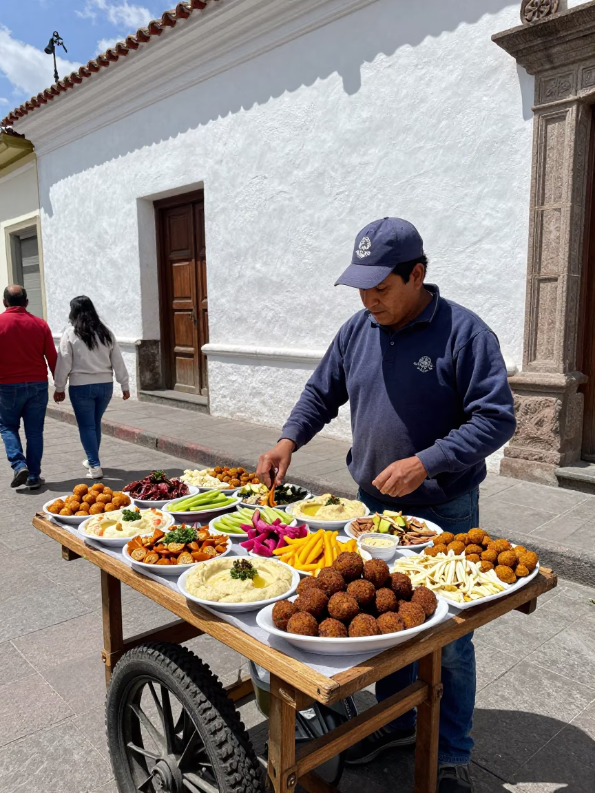 Quito Ecuador Midday Street Scene with Traditional Mezze Platter in in Quito, Ecuador