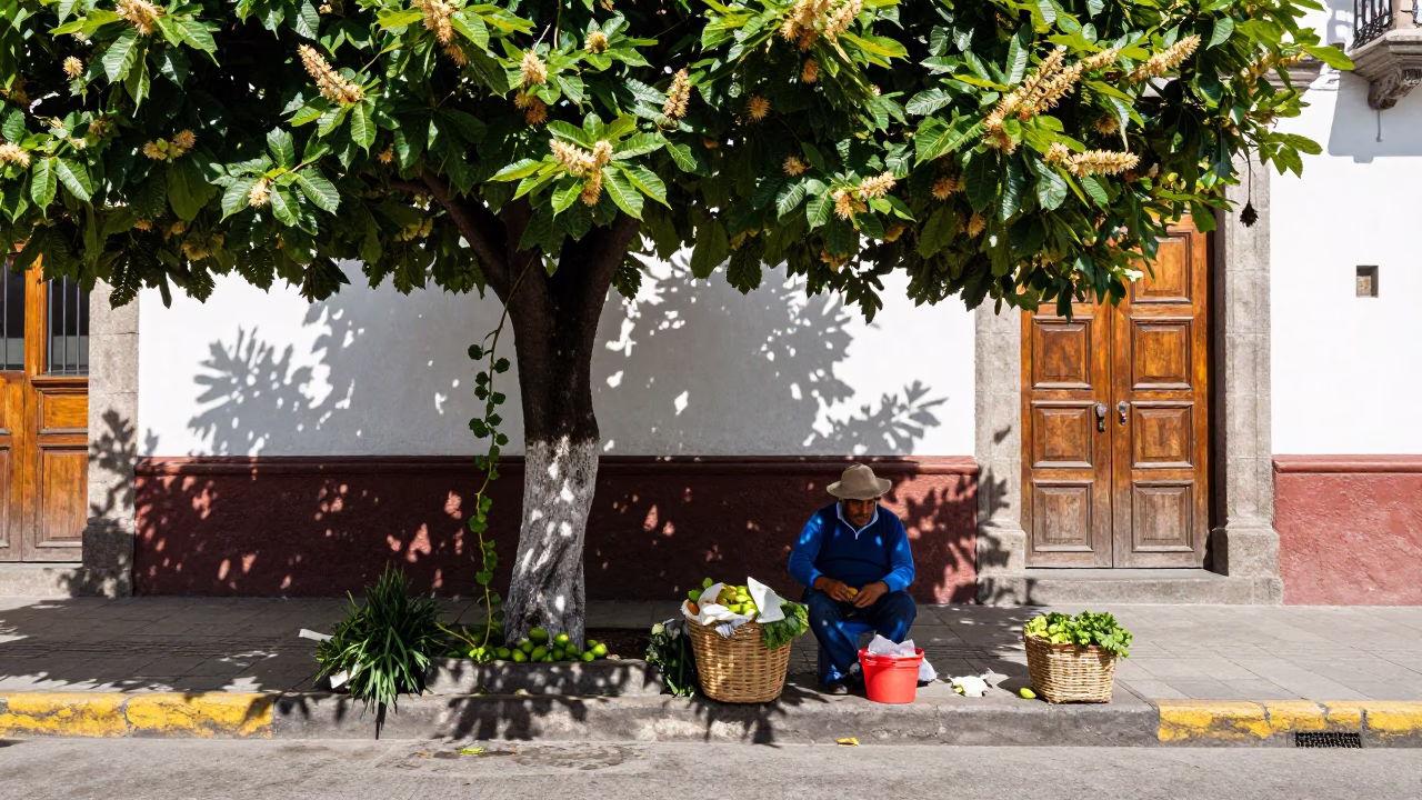 Quito Ecuador Midmorning Street Scene with Basket and Vine in in Quito, Ecuador