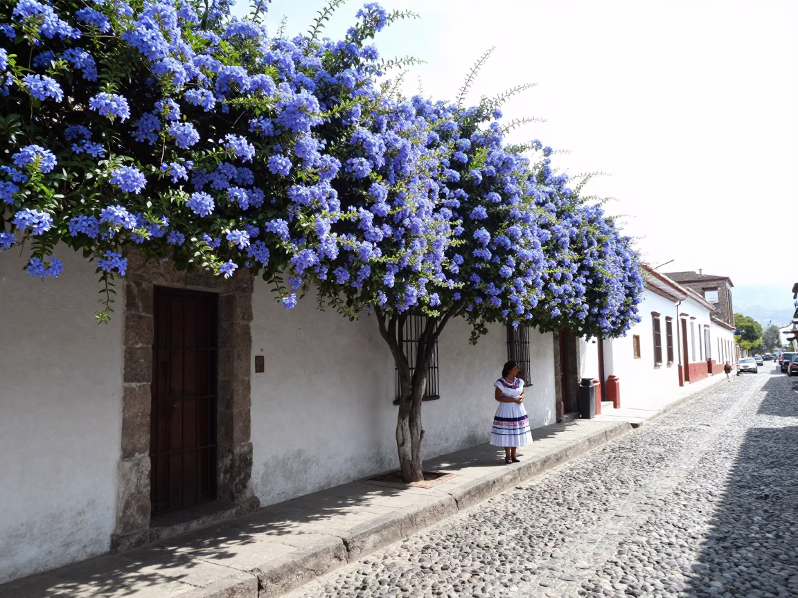 Quito Ecuador Midmorning Street Scene With Blue Plumbago Hedge And Local Market Activity in in Quito, Ecuador