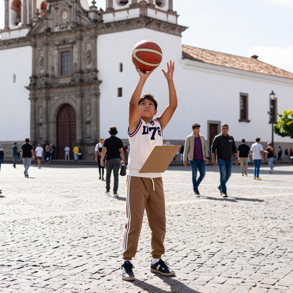 Quito Ecuador midmorning street scene with clipboard and leather basketball in in Quito, Ecuador