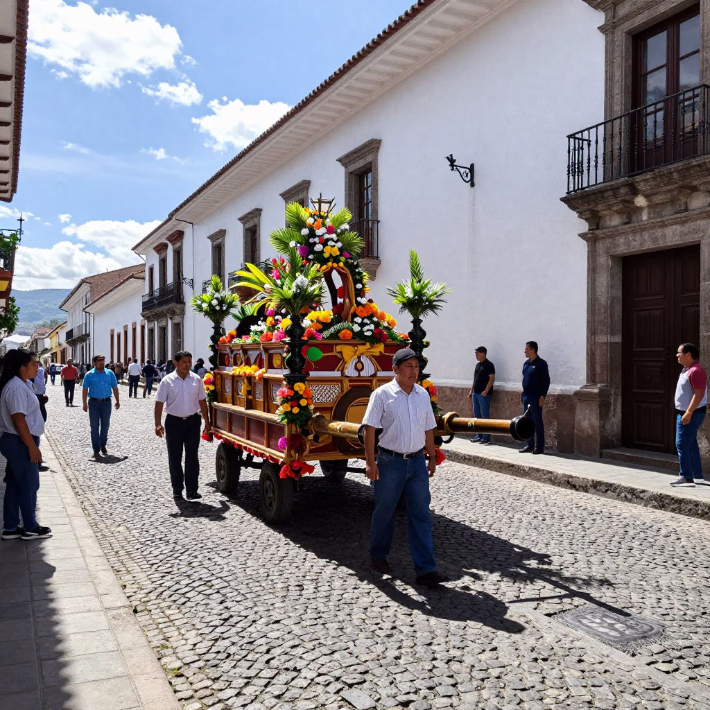 Quito Ecuador Midmorning Street Scene with Processional Float and Local Pedestrians in in Quito, Ecuador