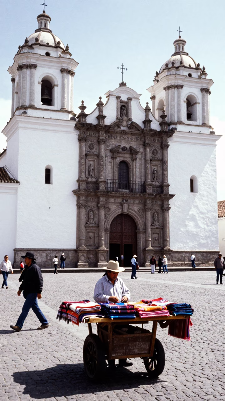 Quito Ecuador Midmorning Street Scene with Vintage Details and Local Activity in in Quito, Ecuador
