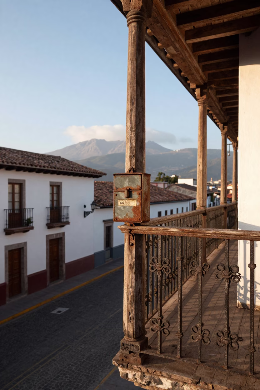Quito Ecuador Morning Light on Colonial Balcony with Local Street Details in in Quito, Ecuador