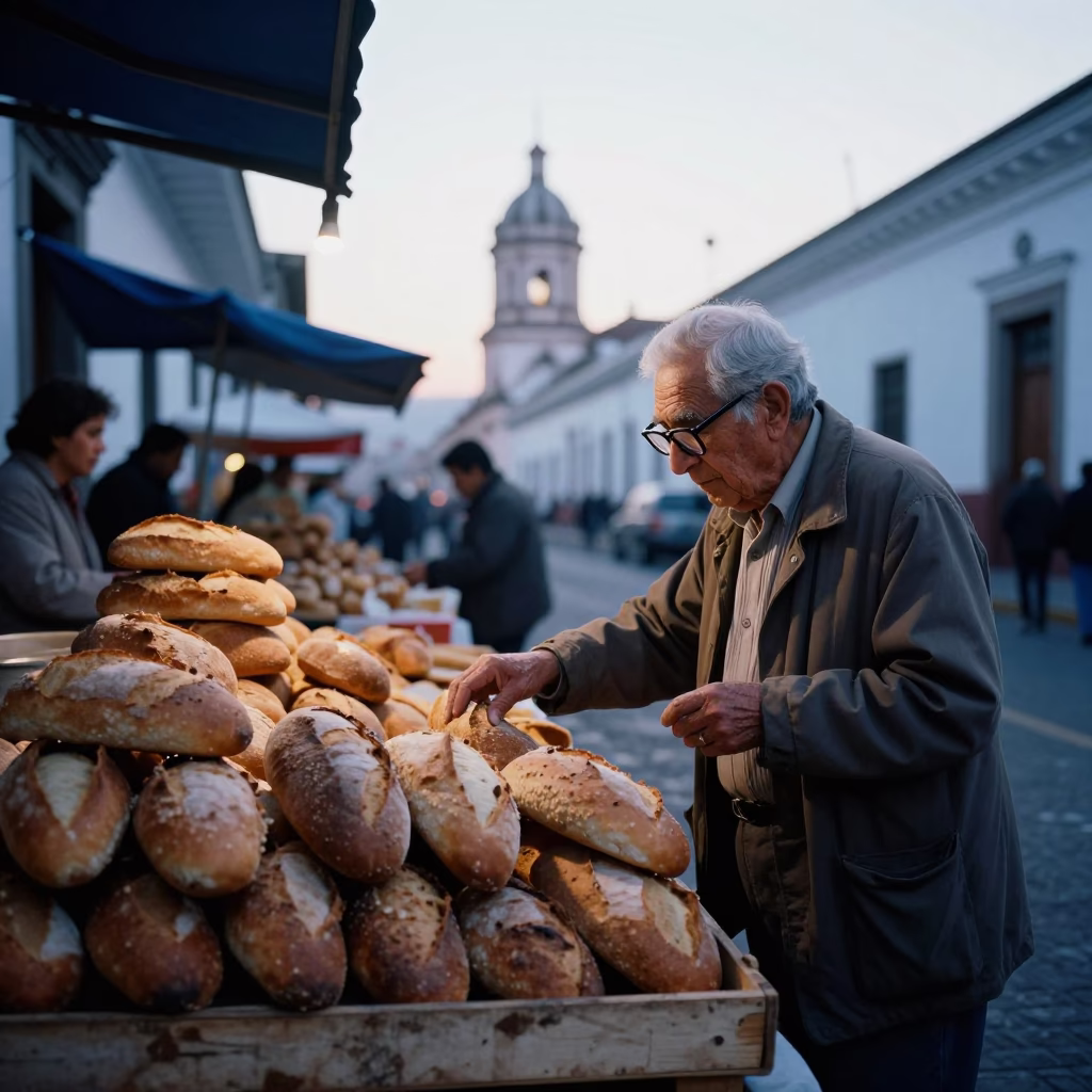 Quito Ecuador Morning Market Scene with Retired Astronomer and Bread Loaves in in Quito, Ecuador